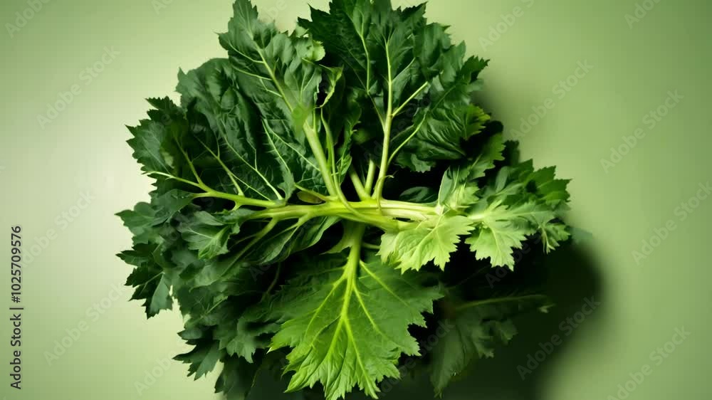 Camera films a 360 degree rotation of kale leaves with rim lighting and a matte green background