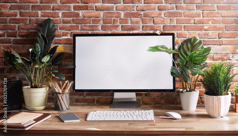 Modern home office setup with plants and brick wall Modern home office setup with plants and brick wall