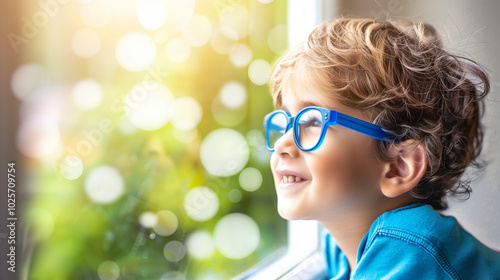 Child Wearing Eyeglasses Emphasizing Nearsightedness Prevention, Featuring an Eyechart Background, Promoting Eye Care and Vision Health. photo