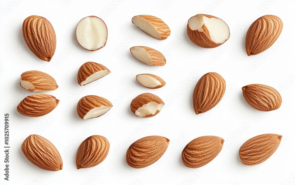 A high-resolution image of fresh, whole almonds isolated on a pure white background. A high-resolution image of fresh, whole almonds isolated on a pure white background.