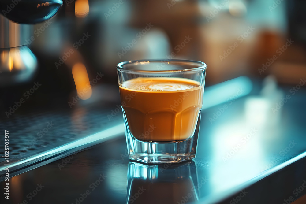Aromatic Coffee Drink with Latte Art in a Glass on a Countertop Aromatic Coffee Drink with Latte Art in a Glass on a Countertop