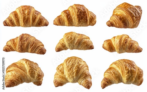 A high-resolution image of golden, flaky croissants isolated on a pure white background, with a crisp, buttery texture detailed from different angles. 