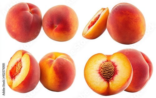 A high-resolution image of perfectly ripe, fuzzy peaches isolated on a pure white background. 