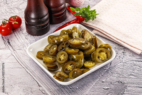 Sliced pickled jalapeno spicy pepper