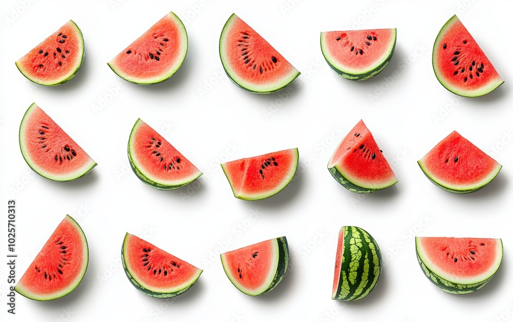 A high-resolution image of perfectly ripe, juicy watermelon slices isolated on a pure white background. A high-resolution image of perfectly ripe, juicy watermelon slices isolated on a pure white background.