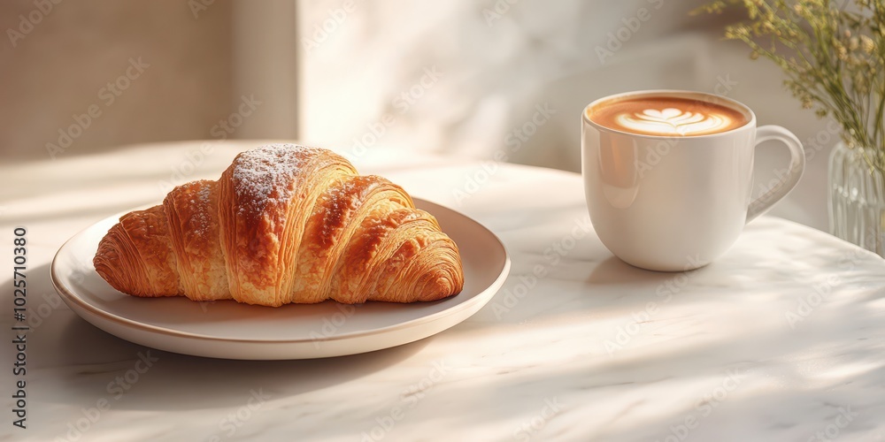 A freshly baked croissant and a cup of coffee on a plate, basking in morning sunlight on a cozy table. A freshly baked croissant and a cup of coffee on a plate, basking in morning sunlight on a cozy table.