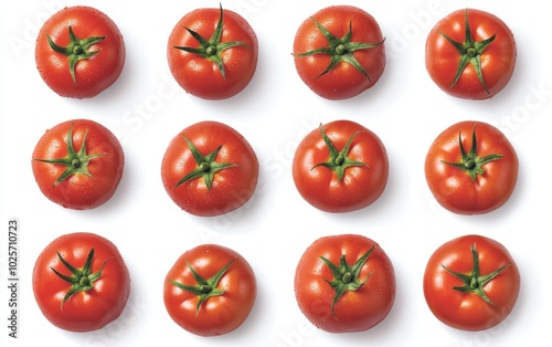 A high-resolution image of perfectly ripe, vibrant red tomatoes isolated on a pure white background. 