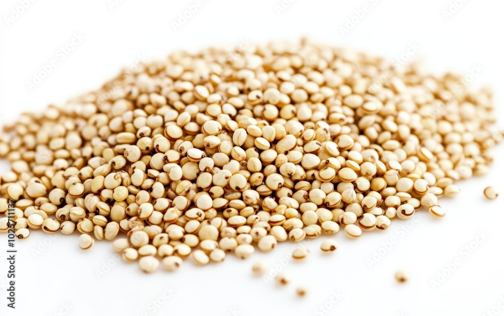 A high-resolution image of uncooked quinoa grains isolated on a pure white background, with close-up details of their round, smooth shapes. A high-resolution image of uncooked quinoa grains isolated on a pure white background, with close-up details of their round, smooth shapes.