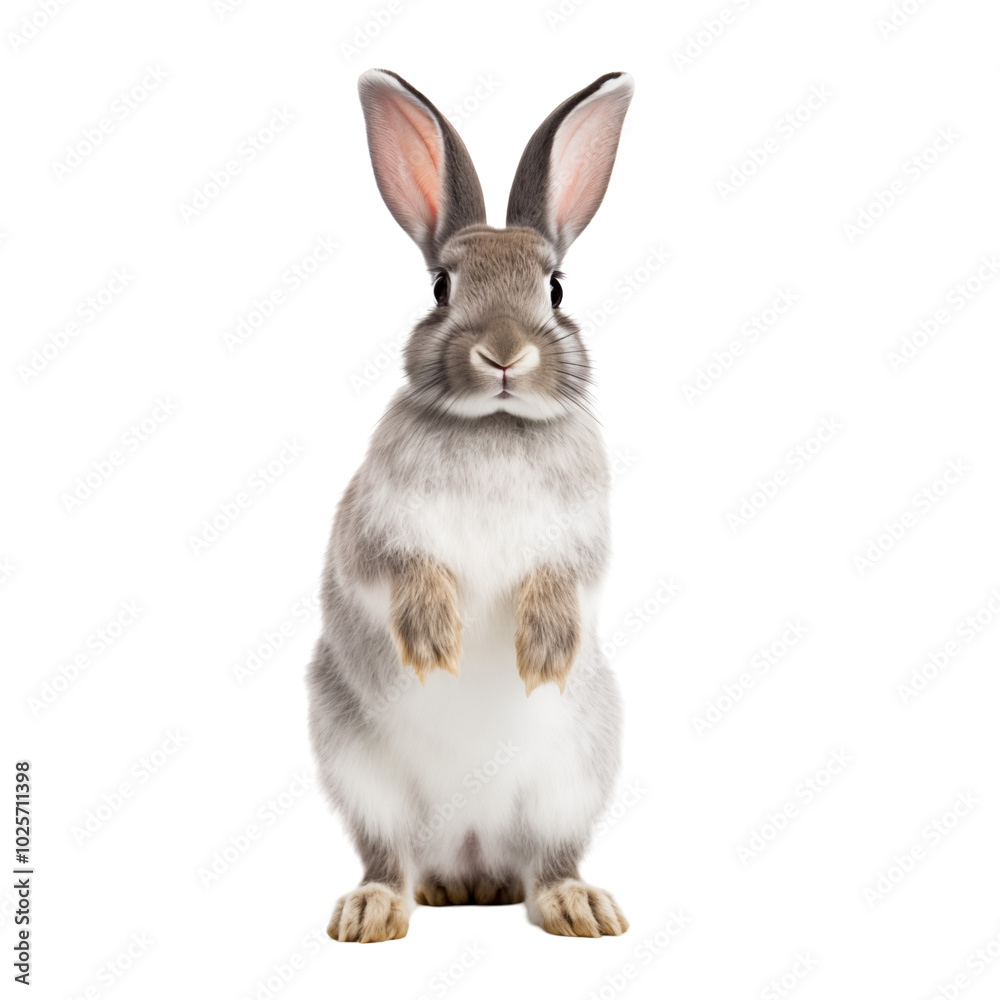Fototapeta premium Gray rabbit standing upright on white background in a calm and curious pose