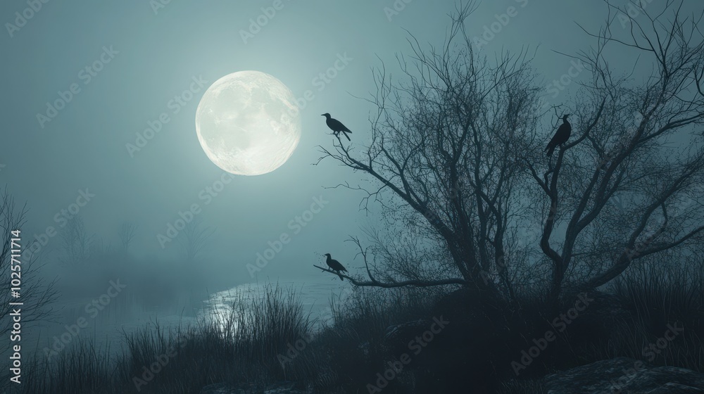 Naklejka premium A glowing full moon casting light over a foggy autumn landscape, with bare trees and crows perched on branches, creating a moody Halloween atmosphere