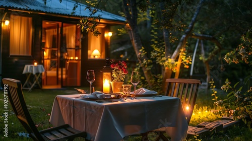 Dinner table in backyard of the cottage prepared for romantic dinner photo