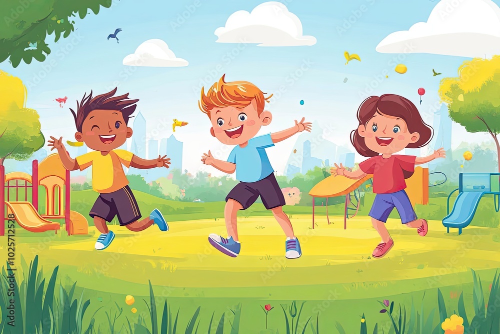 Three Happy Children Playing on a Sunny Day in a Park Three Happy Children Playing on a Sunny Day in a Park