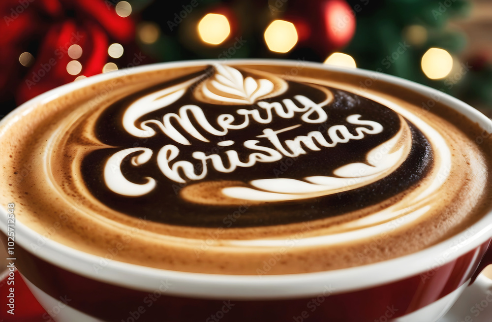 Merry Christmas coffee late art, barista macchiato, hot beverage drink, festive background, template