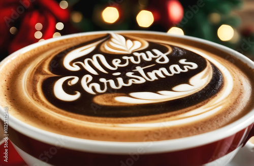 Obraz na płótnie Merry Christmas coffee late art, barista macchiato, hot beverage drink, festive background, template w salonie