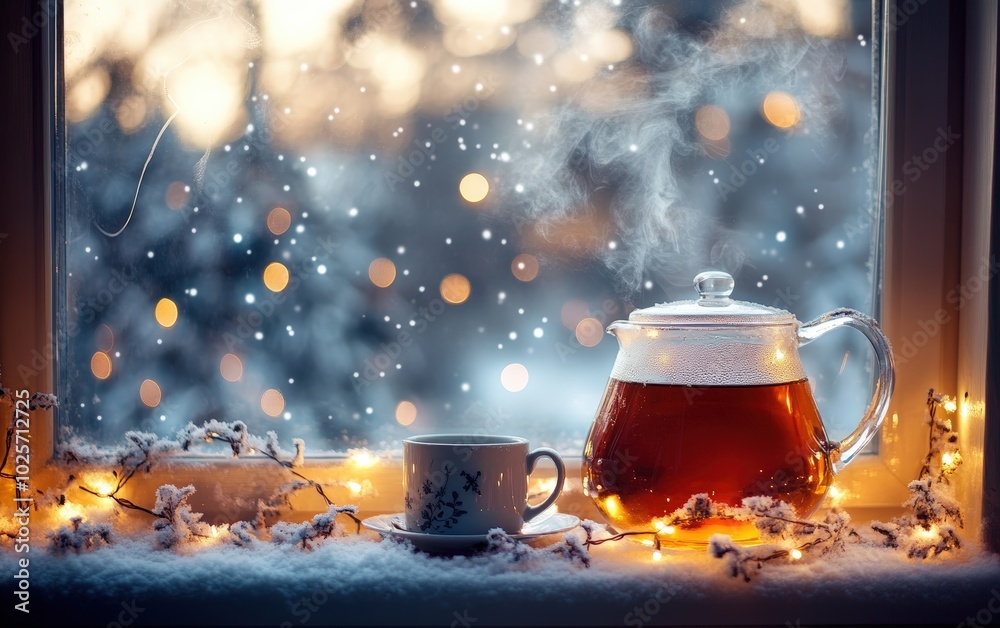 A steaming pot of herbal tea with a mug, placed on a windowsill covered in frost, with fairy lights wrapped around the window and snow gently falling outside A steaming pot of herbal tea with a mug, placed on a windowsill covered in frost, with fairy lights wrapped around the window and snow gently falling outside