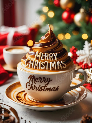 Obraz na płótnie Merry Christmas coffee late art, barista macchiato, hot beverage drink, festive background, template w salonie