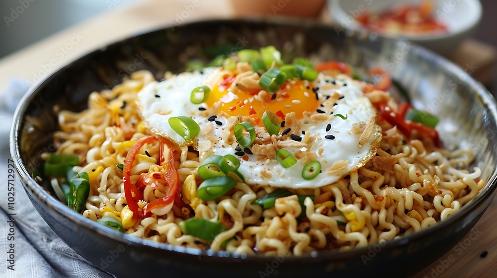 Egg instant noodles topped with basreng