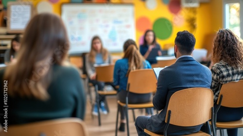 A group of people listen to a presentation in a classroom setting.