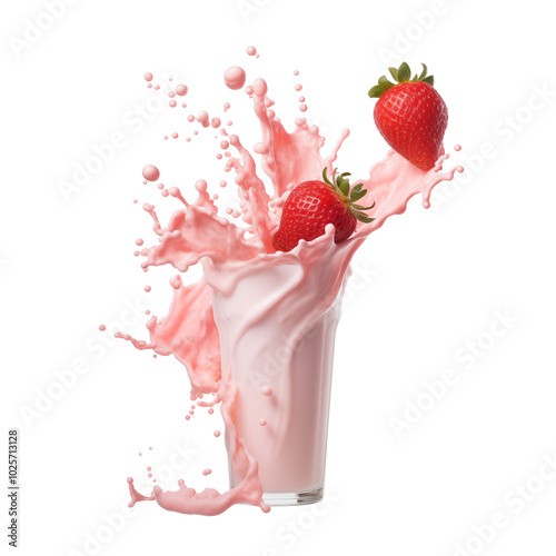 Fresh strawberry milkshake splashes in a glass, creating a fruity and vibrant visual effect