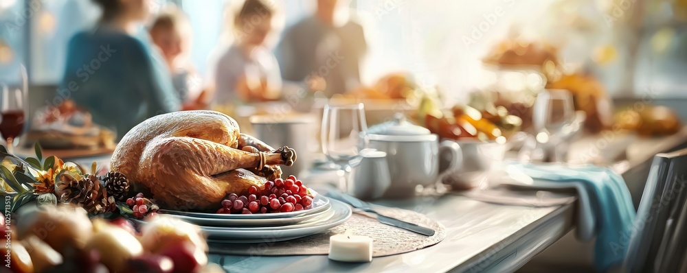 Fototapeta premium Delicious feast with a turkey centerpiece, family gathering in the background.