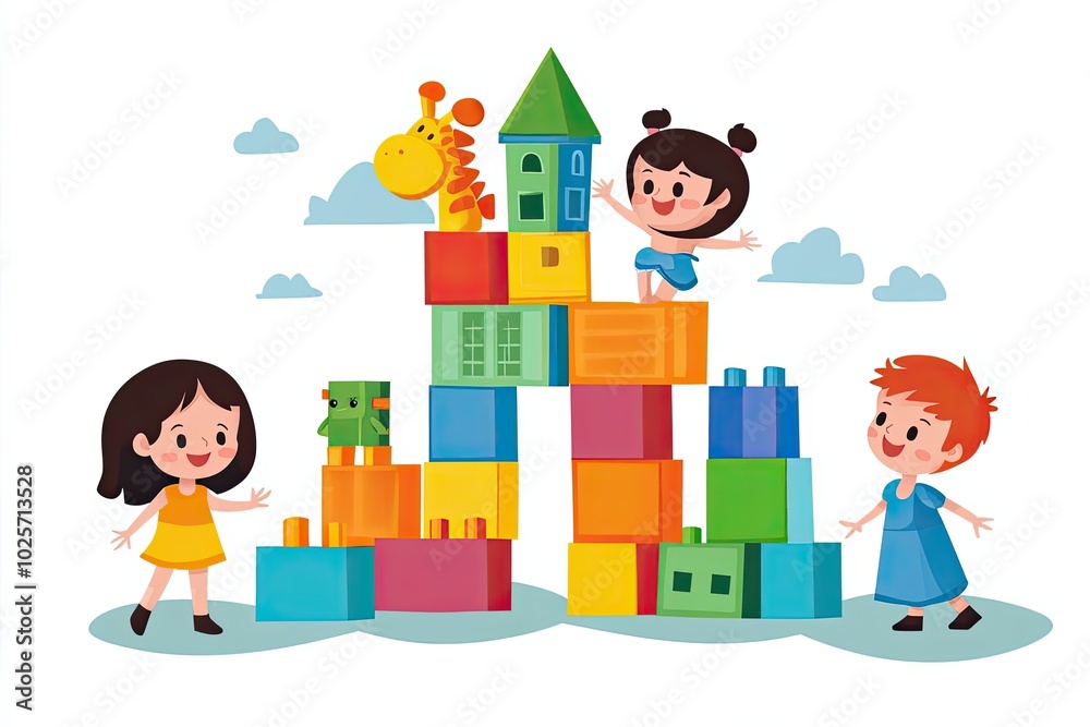 Children Playing with Building Blocks and a Giraffe Toy Children Playing with Building Blocks and a Giraffe Toy