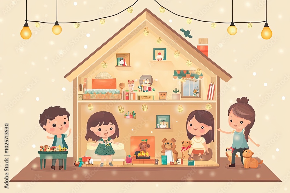 Children playing in a dollhouse with Christmas decorations