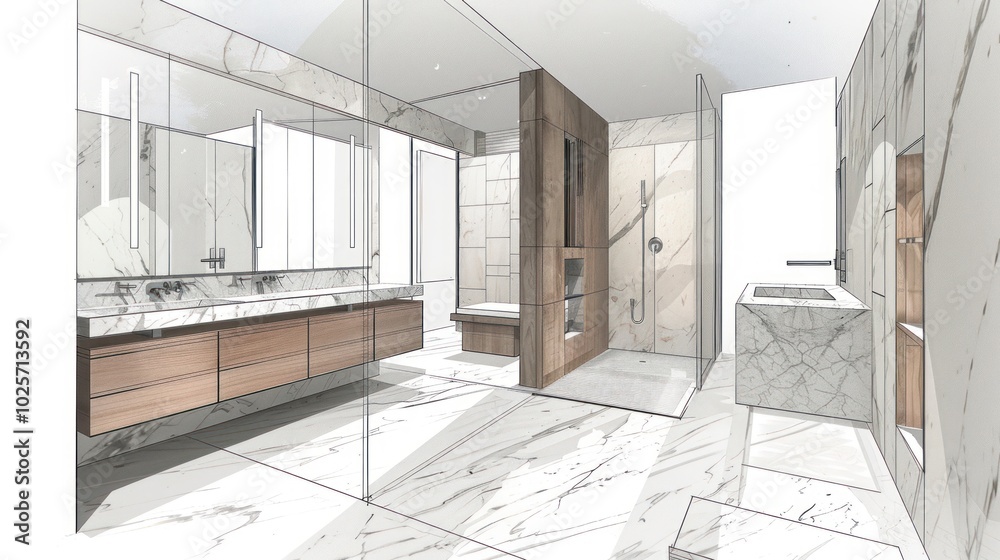 Sketch of a Modern Bathroom with Double Vanity and Walk-in Shower
