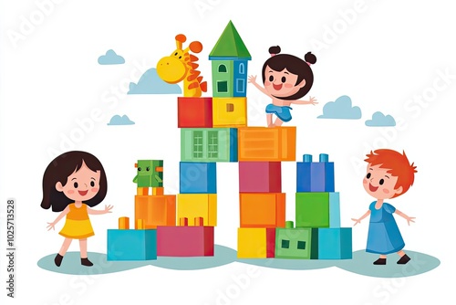 Children Playing with Building Blocks and a Giraffe Toy photo