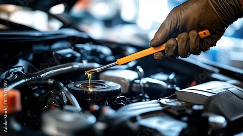 Close-up of a hand spinning engine oil on a dipstick, focusing on checking the oil level during car maintenance, with details of the engine.