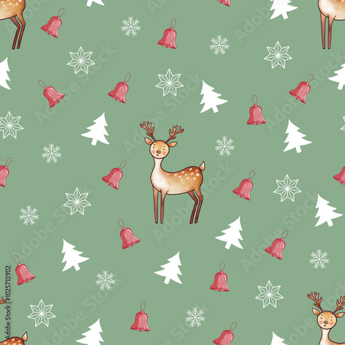 Seamless Watercolour Christmas Pattern with Cute Reindeer, Christmas Tree and Holiday Elements – Perfect for Wrapping Paper, Fabrics, and Holiday-Themed Projects