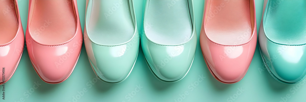Four Pairs of Shiny Patent Leather Shoes in Pastel Colors on a Green Background Four Pairs of Shiny Patent Leather Shoes in Pastel Colors on a Green Background