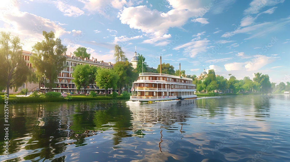 Fototapeta premium Elegant riverboat journey with nature and infrastructure framing the tranquil waters