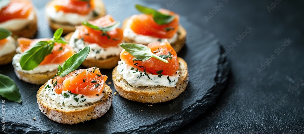 File photo of mini sandwiches with cream cheese, salmon, and herbs on a dark slate plate File photo of mini sandwiches with cream cheese, salmon, and herbs on a dark slate plate