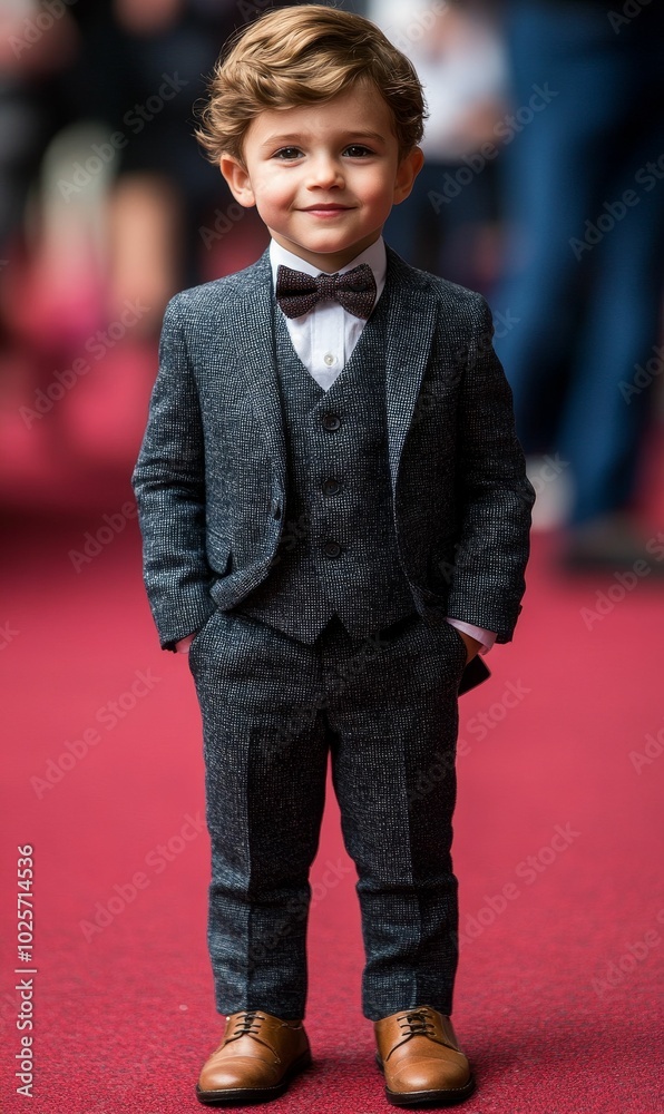 Fototapeta premium Young boy in suit and bow tie on red carpet.