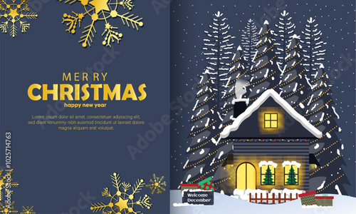 a black house in winter in the night with mountain view and snow in collection for christmas editable template greeting card stories template, landscape christmas background