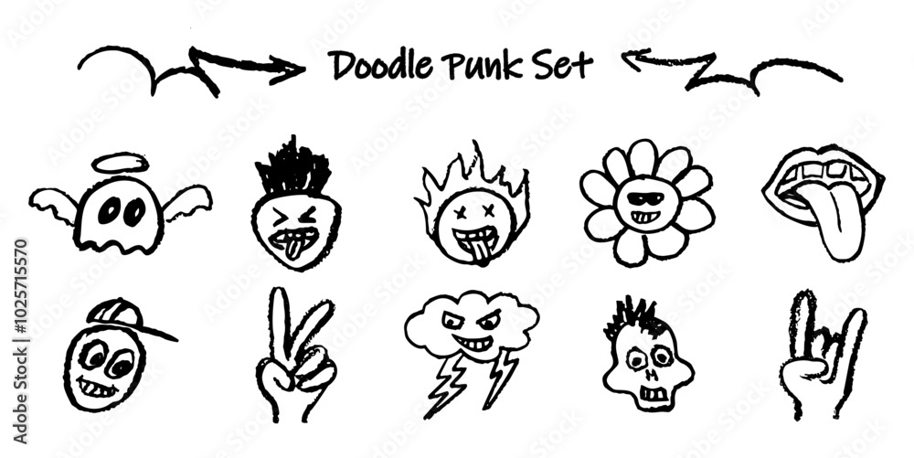 Naklejka premium Set of doodle punk head, goat gesture, cloud. Collection of vector black charcoal outline faces handdrawn humor emotions. Retro grafitti style wax pencil drawn stick out tongue, ghost with halo.
