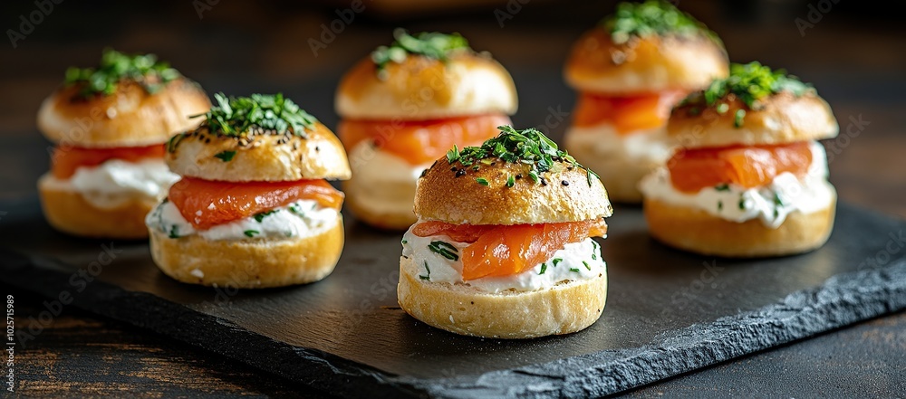 File photo of mini sandwiches with cream cheese, salmon, and herbs on a dark slate plate File photo of mini sandwiches with cream cheese, salmon, and herbs on a dark slate plate