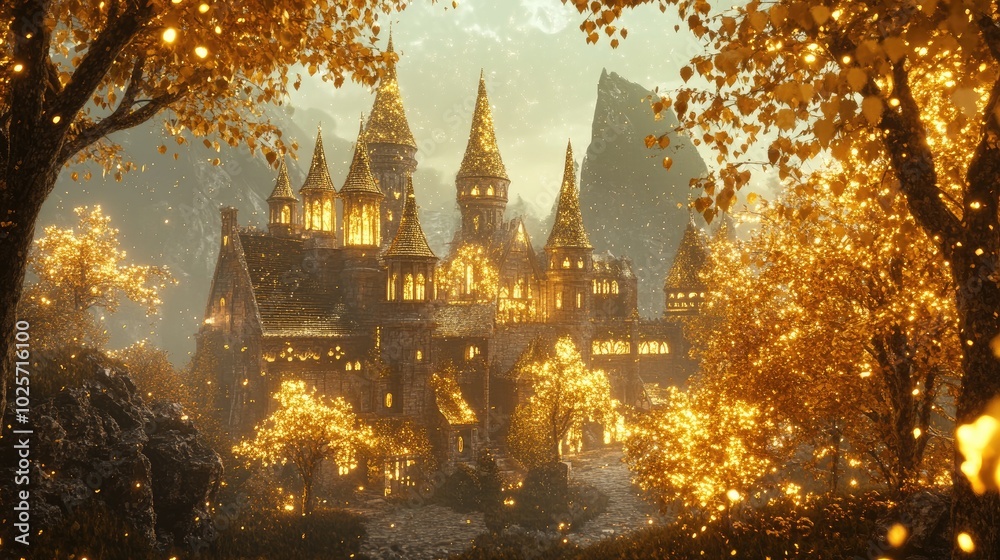 A grand fairytale city with golden towers and trees with shining golden leaves, surrounded by an enchanting, ethereal atmosphere A grand fairytale city with golden towers and trees with shining golden leaves, surrounded by an enchanting, ethereal atmosphere