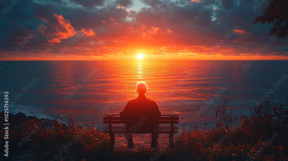 A lone figure sits on a bench overlooking the ocean at sunset. A lone figure sits on a bench overlooking the ocean at sunset.
