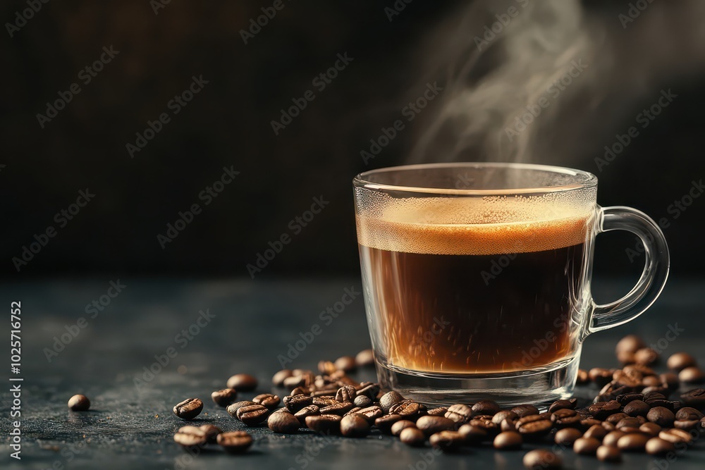 A steaming cup of espresso surrounded by coffee beans on a dark background, perfect for morning energy boost and coffee lovers. A steaming cup of espresso surrounded by coffee beans on a dark background, perfect for morning energy boost and coffee lovers.