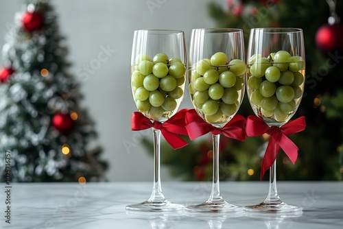 Twelve grapes in the glasses. Christmas tree background. Traditional Spanish twelve grape berries to eat for good luck at midnight. New Year's Eve photo