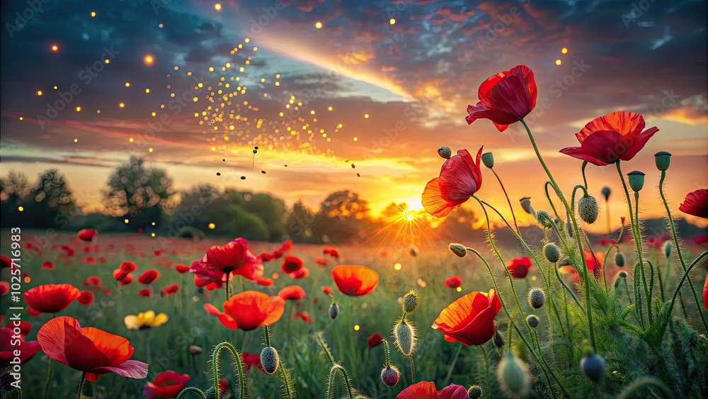 Fototapeta premium At dusk, a vibrant field of red poppies comes alive, contrasting beautifully with the fading light, crafting a serene and enchanting low light photography scene.