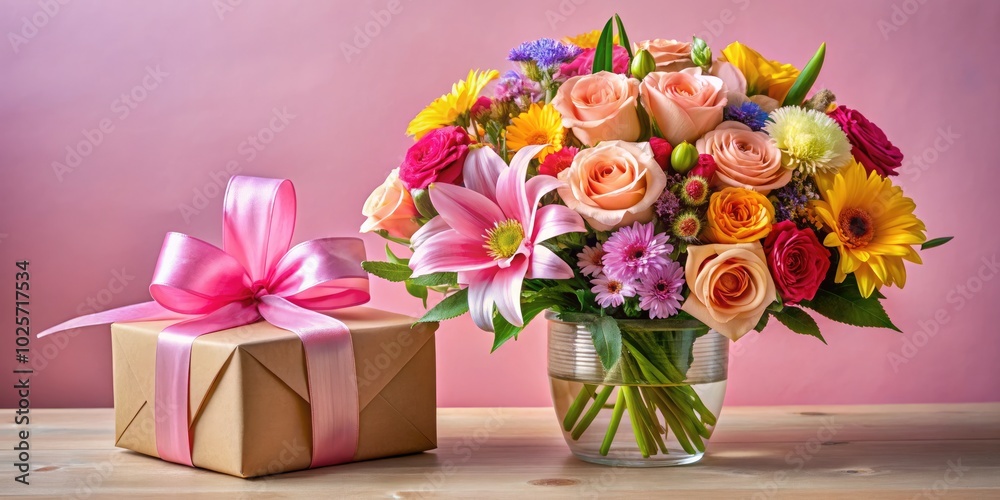 A vibrant arrangement of flowers with an elegant gift box on a soft pink backdrop, ideal for celebrating life’s milestones and thoughtful gifting occasions. A vibrant arrangement of flowers with an elegant gift box on a soft pink backdrop, ideal for celebrating life’s milestones and thoughtful gifting occasions.