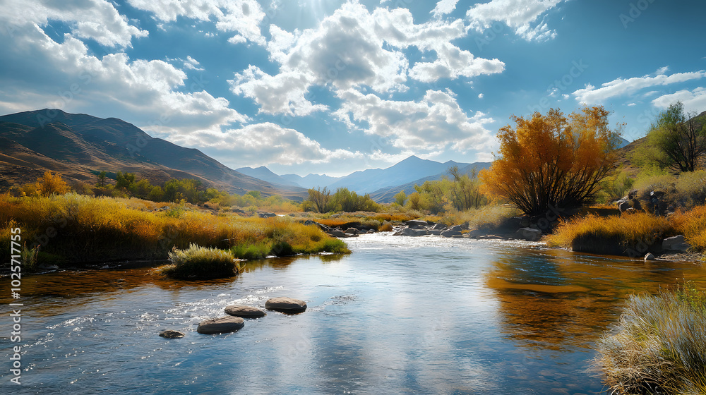 Fototapeta premium A beautiful landscape with a river, where gold panning is taking place