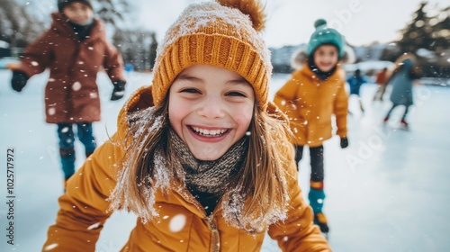 Children enjoying ice skating at a winter rink while smiling and playing in the snow on a sunny day photo