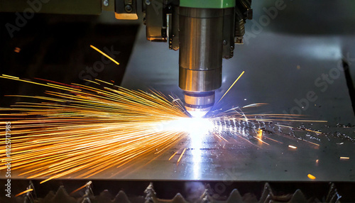 The fiber laser cutting machine cutting the sheet metal plate with the sparking light. Hi-technology manufacturing concept.