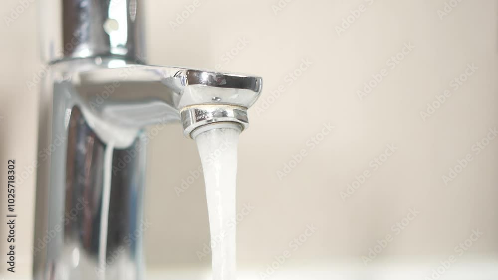 Fresh water is flowing gracefully from a sleek, shiny chrome faucet in a cozy kitchen setting, Fresh water is flowing gracefully from a sleek, shiny chrome faucet in a cozy kitchen setting,