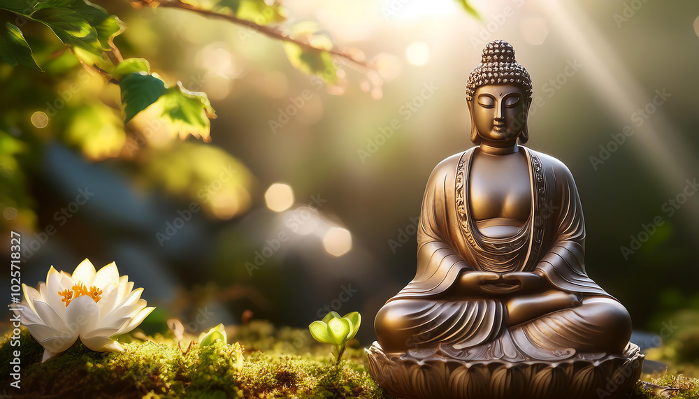 A serene Buddha statue surrounded by nature, symbolizing peace and enlightenment in soft, ethereal sunlight. A serene Buddha statue surrounded by nature, symbolizing peace and enlightenment in soft, ethereal sunlight.