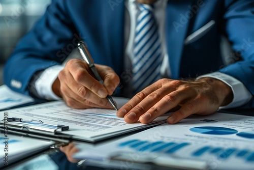 Close-up shot of a businessman confidently signing a contract at a sleek desk surrounded by documents and financial reports.