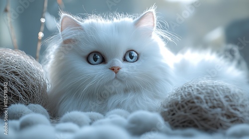White Turkish angora kittens on the blue background